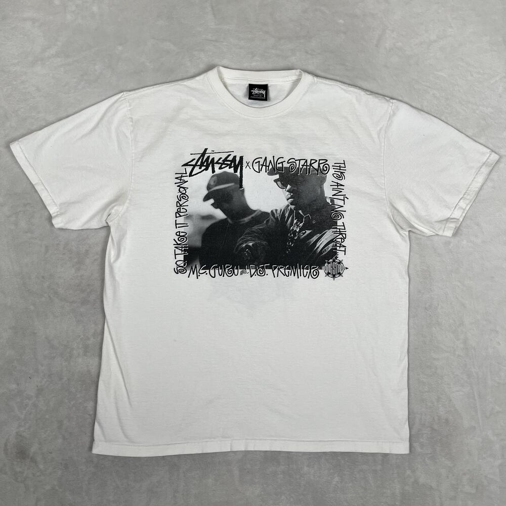 Stussy Gang Starr T-Shirt Mens Large White Rap Hip Hop Graphic Tee Double Sided